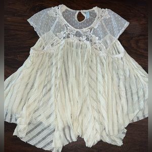 Free People Ivory White Layered Mesh Embroidered Top Shirt Blouse Medium M